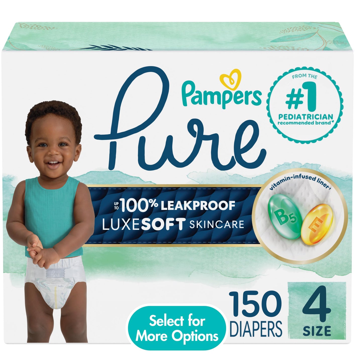 Pampers Pure Baby Diapers, Size 4 (22-37 lbs), 150, Up to 100% Leakproof, Premium Hypoallergenic Soft Diapers