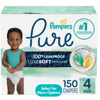 Pampers Pure Baby Diapers, Size 4 (22-37 lbs), 150, Up to 100% Leakproof, Premium Hypoallergenic Soft Diapers