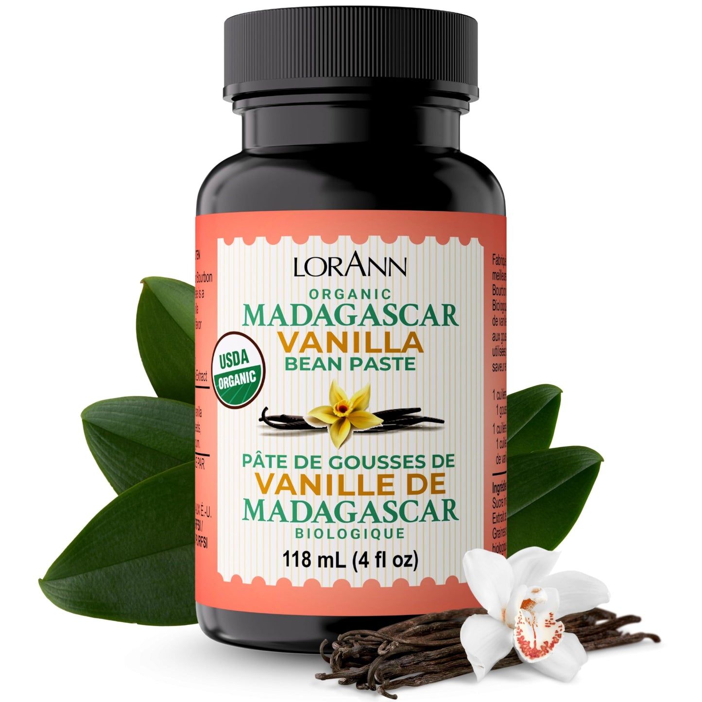 LorAnn Organic Madagascar Vanilla Bean Paste 4oz – Pure Madagascar Bourbon Vanilla with Real Seeds for Baking & Desserts – Vegan & Kosher