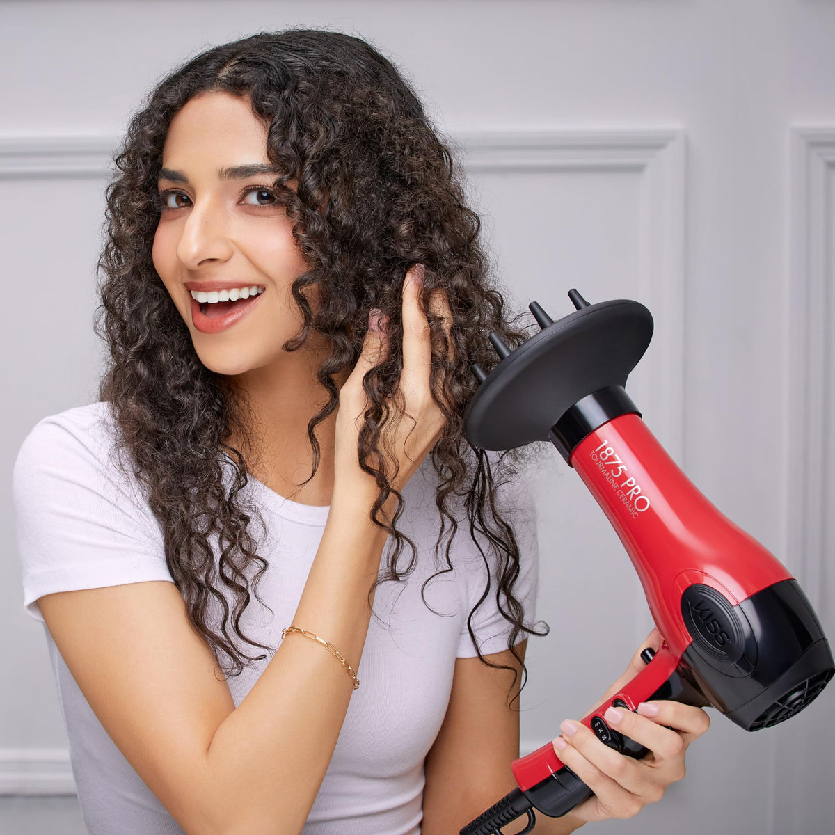 KISS 1875 Watt Pro Tourmaline Ceramic Hair Dryer, 3 Heat Settings, 2 Speed Slide Switch, Cool Shot Button, 2 Detangler Combs, 1 Concentrator, 1 Diffuser, Removable Filter Cap & 4 Sectioning Clips