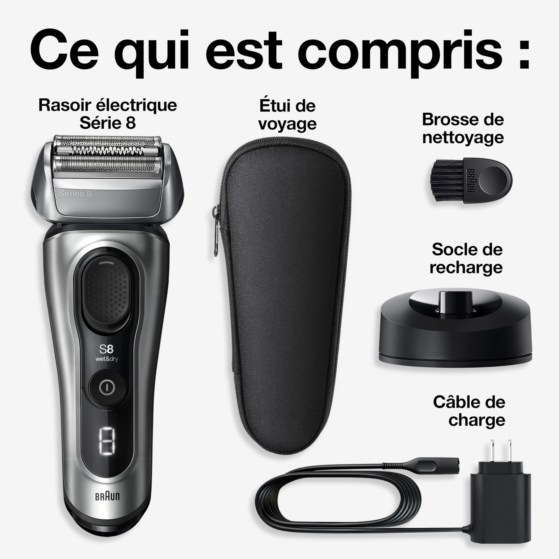 Braun Series 8 Electric Shaver for Men with Precision Long Hair Trimmer, Wet and Dry Electric Razor with Charging Stand and Travel Case, 8517s Galvano Silver - Available at All In One Marketplace Canada