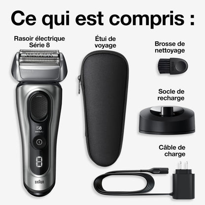 Braun Series 8 Electric Shaver for Men with Precision Long Hair Trimmer, Wet and Dry Electric Razor with Charging Stand and Travel Case, 8517s Galvano Silver - Available at All In One Marketplace Canada