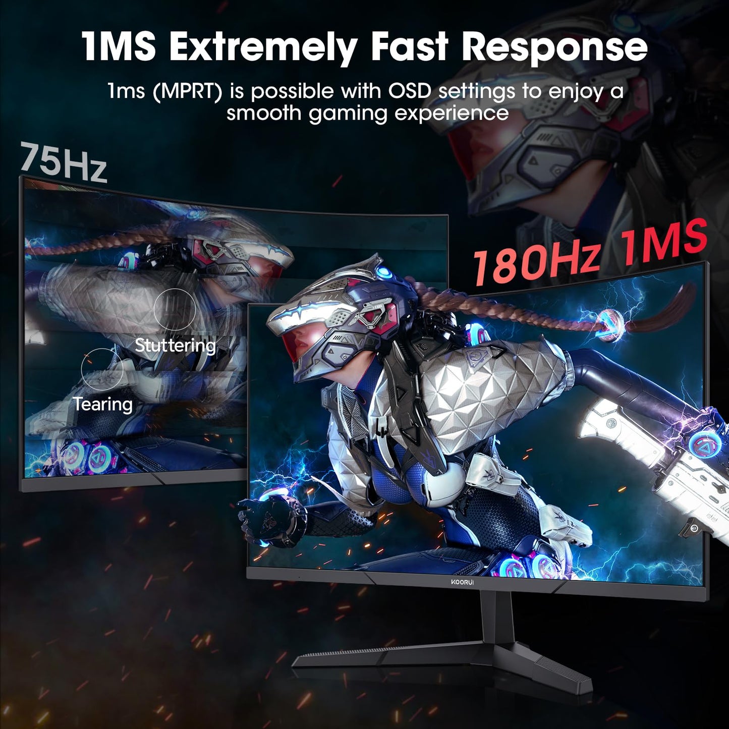 KOORUI 24 Inch Curved Gaming Monitor, 180Hz 1080P 1500R, Adaptive Sync, HDR KOORUI