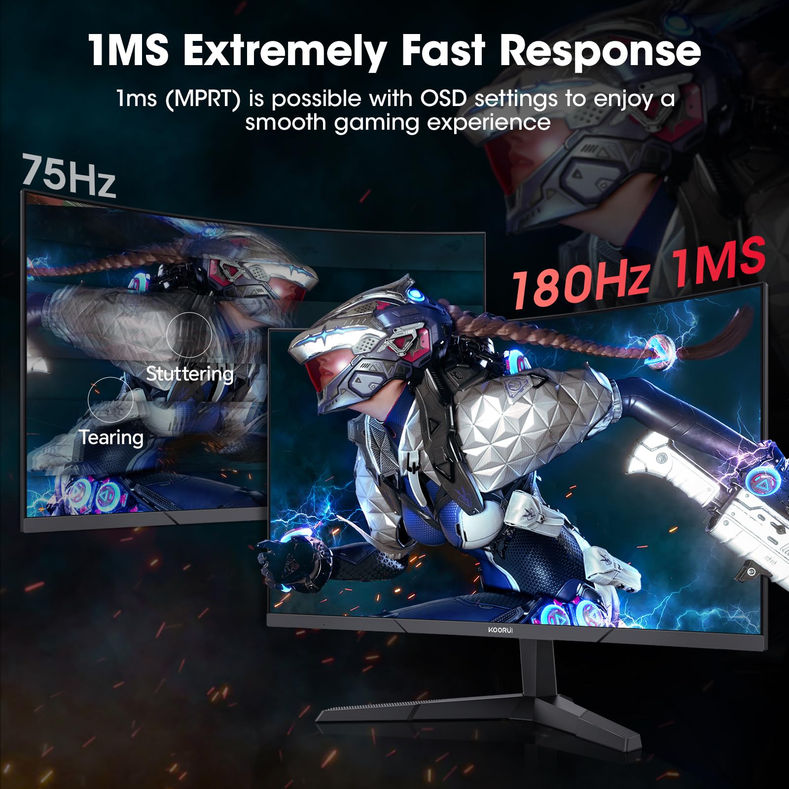 KOORUI 24 Inch Curved Gaming Monitor, 180Hz 1080P 1500R, Adaptive Sync, HDR KOORUI