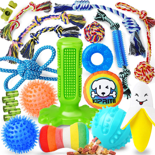 KIPRITII Dog Toys for Puppy Teething - 23 Pack Puppy Teething Toys for Boredom, Pet Dog Toothbrush Dog Toys with Rope Toys, Dog Treat Ball and More Squeaky Toy for Puppies and Small Dogs - Available at All In One Marketplace Canada