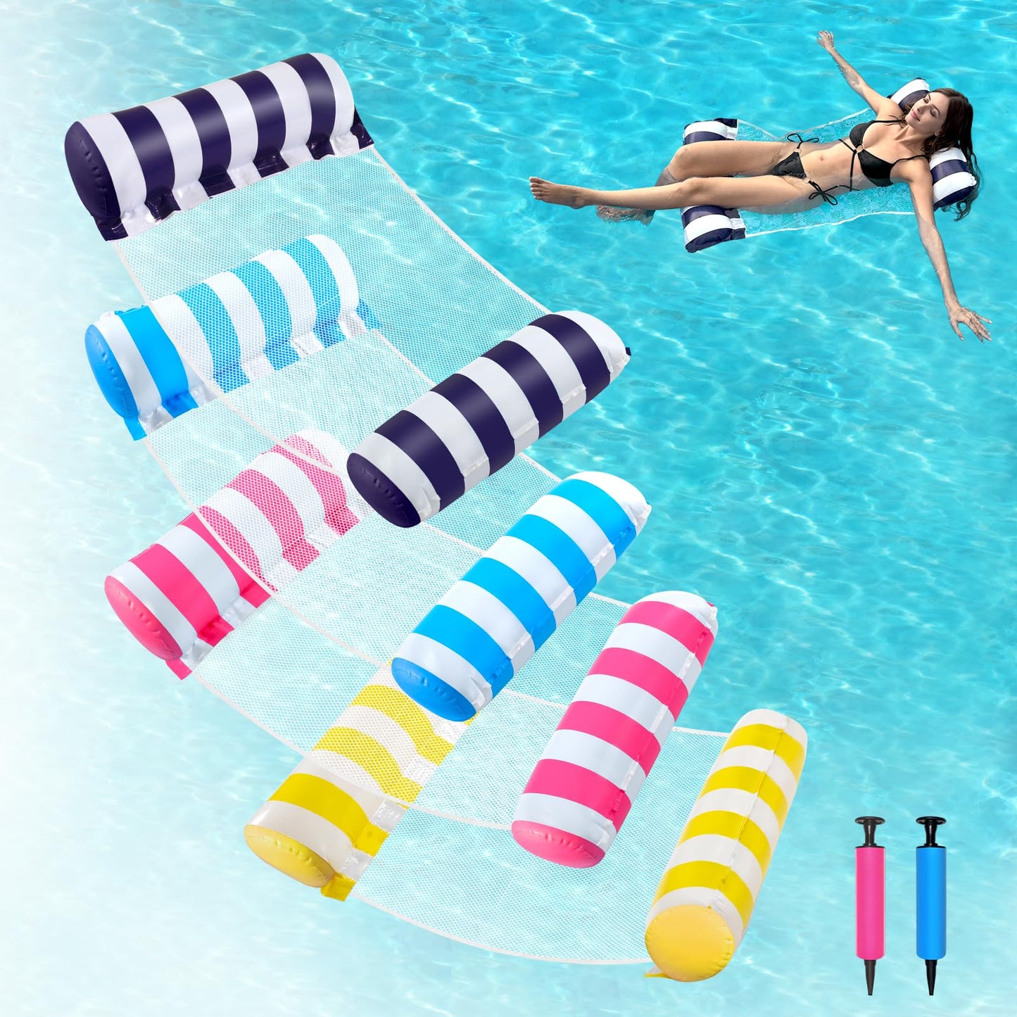 4 Pack 4-in-1 Pool Floaties for Adults (Hammock, Saddle, Chair, Drifter) – Non-Stick Mesh Inflatable Water Lounger, Portable Pool Hammock for Water Party, Pool, Lake, Beach, Outdoor, XL