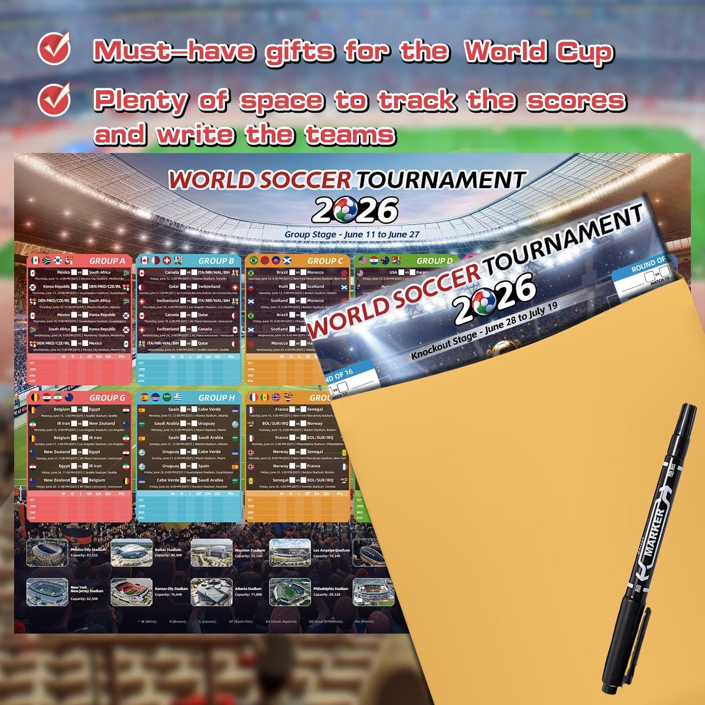 AhfuLife Soccer Schedule Poster 2026, A2 Size-23.3" x 16.5", 2 Pcs Match 2026 Calendar Wall Chart Decorations, Soccer Tournament Wallchart for Fans Home Office Bar Party Decor - Available at All In One Marketplace Canada