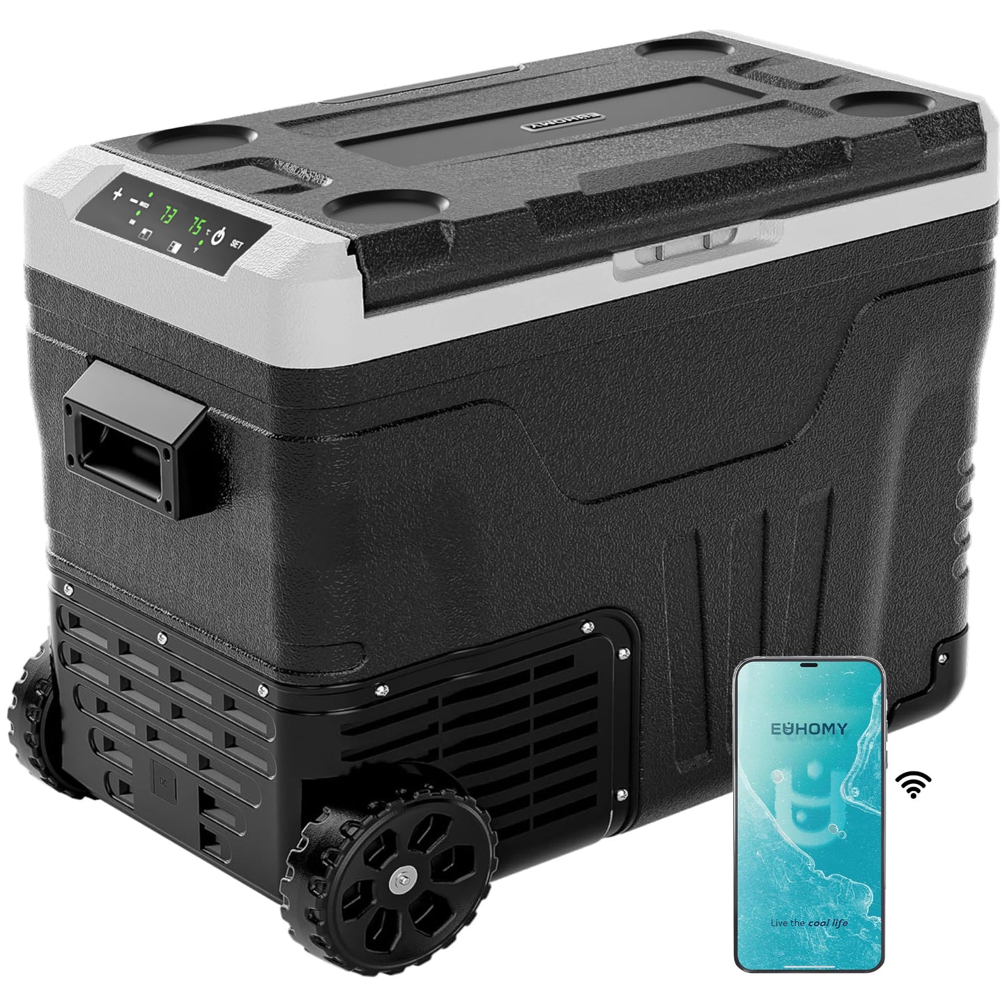 EUHOMY 12 Volt Refrigerator, 53QT(50L) Electric Cooler, Portable Freezer 12V/24V DC 110-240V AC, 12V Fridge -4℉~68℉, 12V Cooler with Wheels & 2 Baskets for Travel, Truck, Boat, Camping