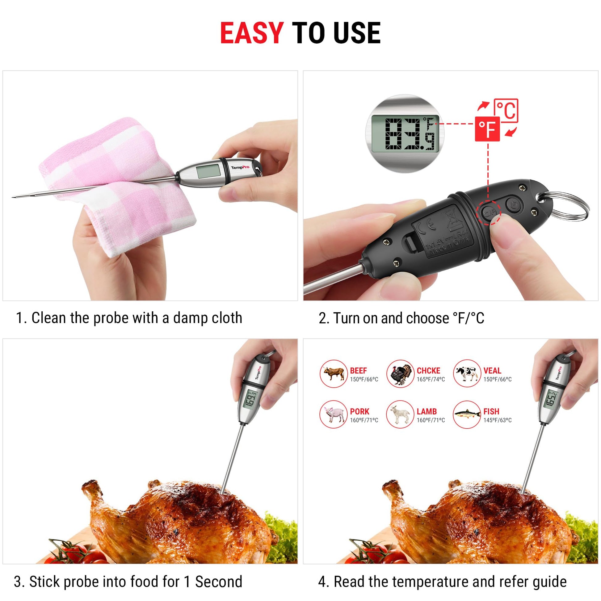 TempPro TP02S Digital Food Thermometer for Cooking Bread Baking Sourdough Liquids, Meat Thermometer Digital with Super Long Probe for Kitchen BBQ Yogurt Candy Making Accessory (Previously ThermoPro)