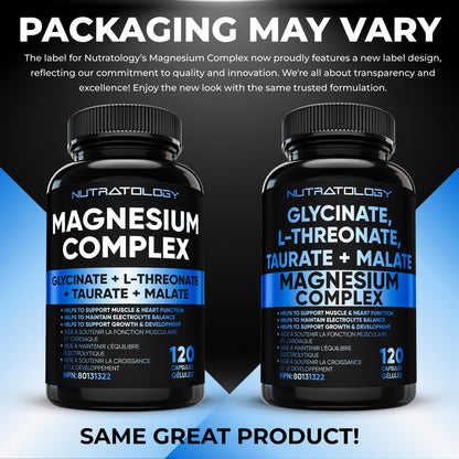 Nutratology Magnesium Complex - Glycinate, Malate, L-Threonate & Taurate With Vitamin B6 + Bioperine For Enhanced Absorption - Helps Support Healthy Bones, Muscles, Teeth & Heart - 100MG Elemental Magnesium Per Capsule - 120 Count - Available at All In One Marketplace Canada