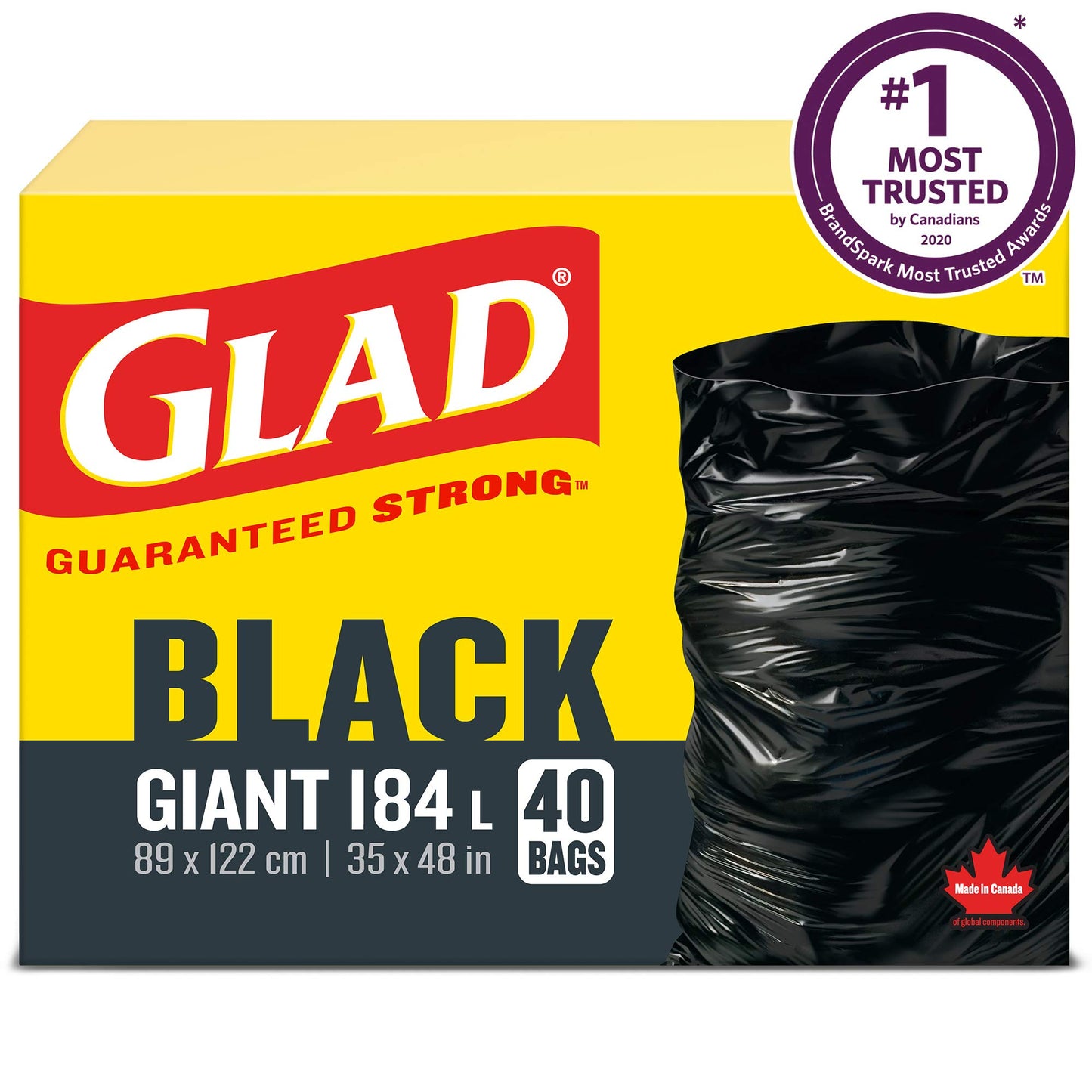 Glad Black Garbage Bags - Giant 184 Litres - 40 Trash Bags Made in Canada of Global Components