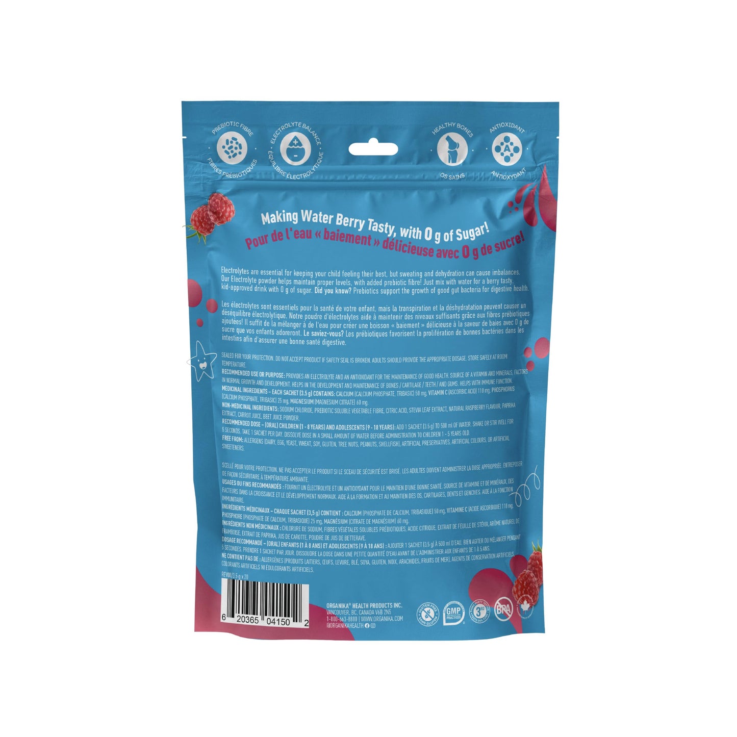 Organika Kids Electrolytes Powder Sticks - Sugar-Free Hydration + Immune support with 100% of daily Vitamin C, Minerals and Prebiotic Fibre | Raspberry Rush Flavour - 3.5g x 20 sachets - Available at All In One Marketplace Canada