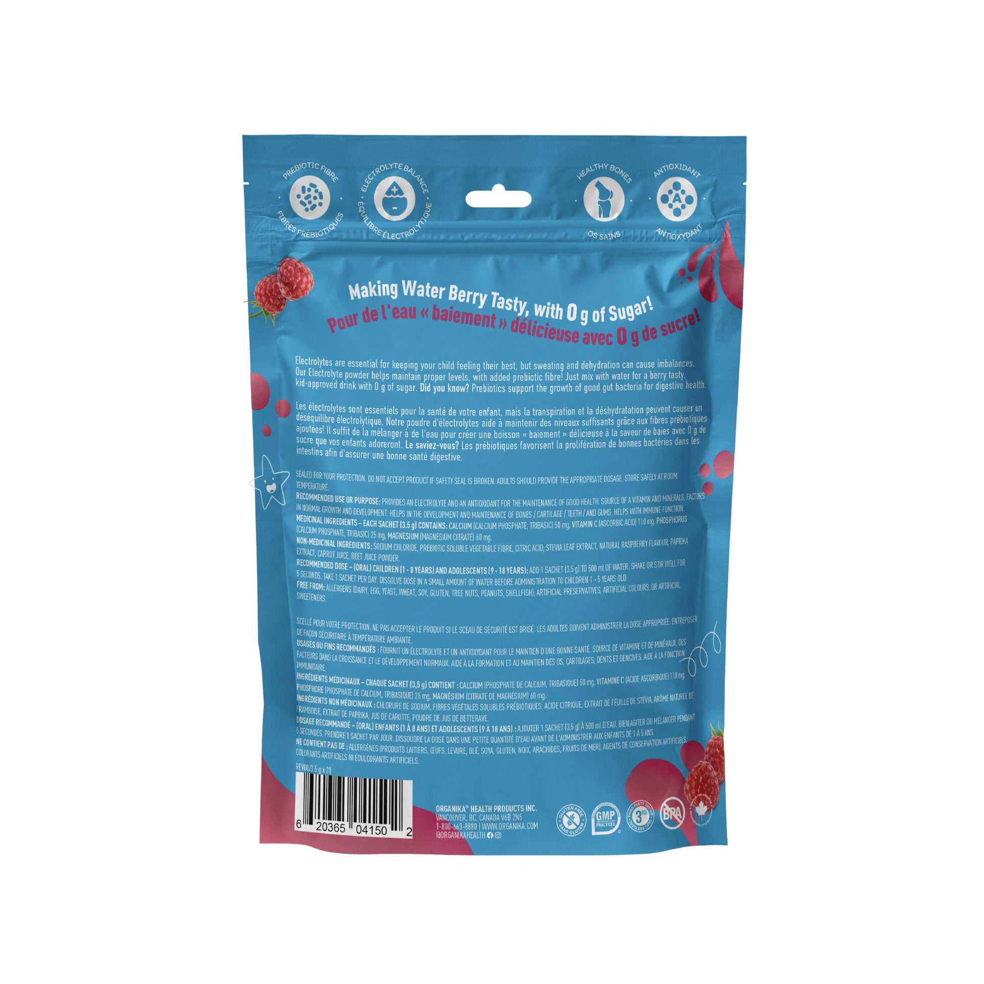 Organika Kids Electrolytes Powder Sticks - Sugar-Free Hydration + Immune support with 100% of daily Vitamin C, Minerals and Prebiotic Fibre | Raspberry Rush Flavour - 3.5g x 20 sachets - Available at All In One Marketplace Canada