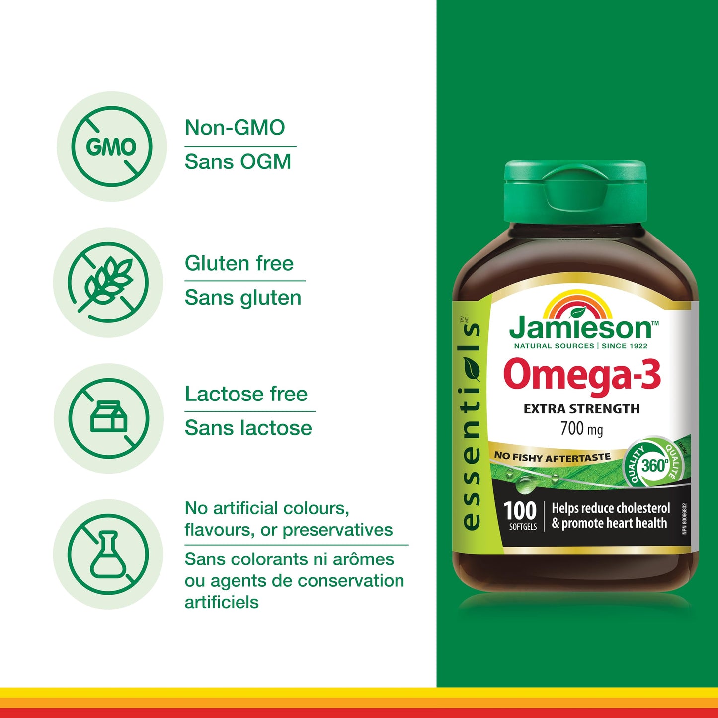 Jamieson Extra Strength Omega-3 700 mg, No Fishy Aftertaste, Supports Heart, Brain, and Eye Health, Arthritis Support. With EPA and DHA, Non-GMO, Gluten-Free, 100 Softgels, Proudly Canadian Jamieson