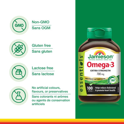Jamieson Extra Strength Omega-3 700 mg, No Fishy Aftertaste, Supports Heart, Brain, and Eye Health, Arthritis Support. With EPA and DHA, Non-GMO, Gluten-Free, 100 Softgels, Proudly Canadian Jamieson