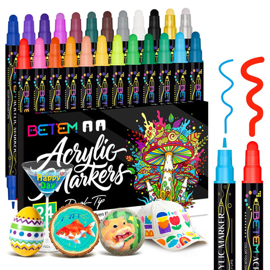 Betem 24 Colors Dual Tip Acrylic Paint Pens Markers, Premium Water-Based Acrylic Paint Markers for Fabric, Rock, Wood, Glass, Paper, Canvas, Ceramic, Fabric Paint Markers DIY Crafts Art Supplies Kit