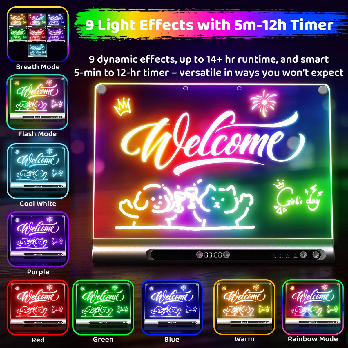 Geokay 16“ Rechargeable LED Drawing Board, 9-Color Light Modes with Timer 🍁 All In One Marketplace Canada