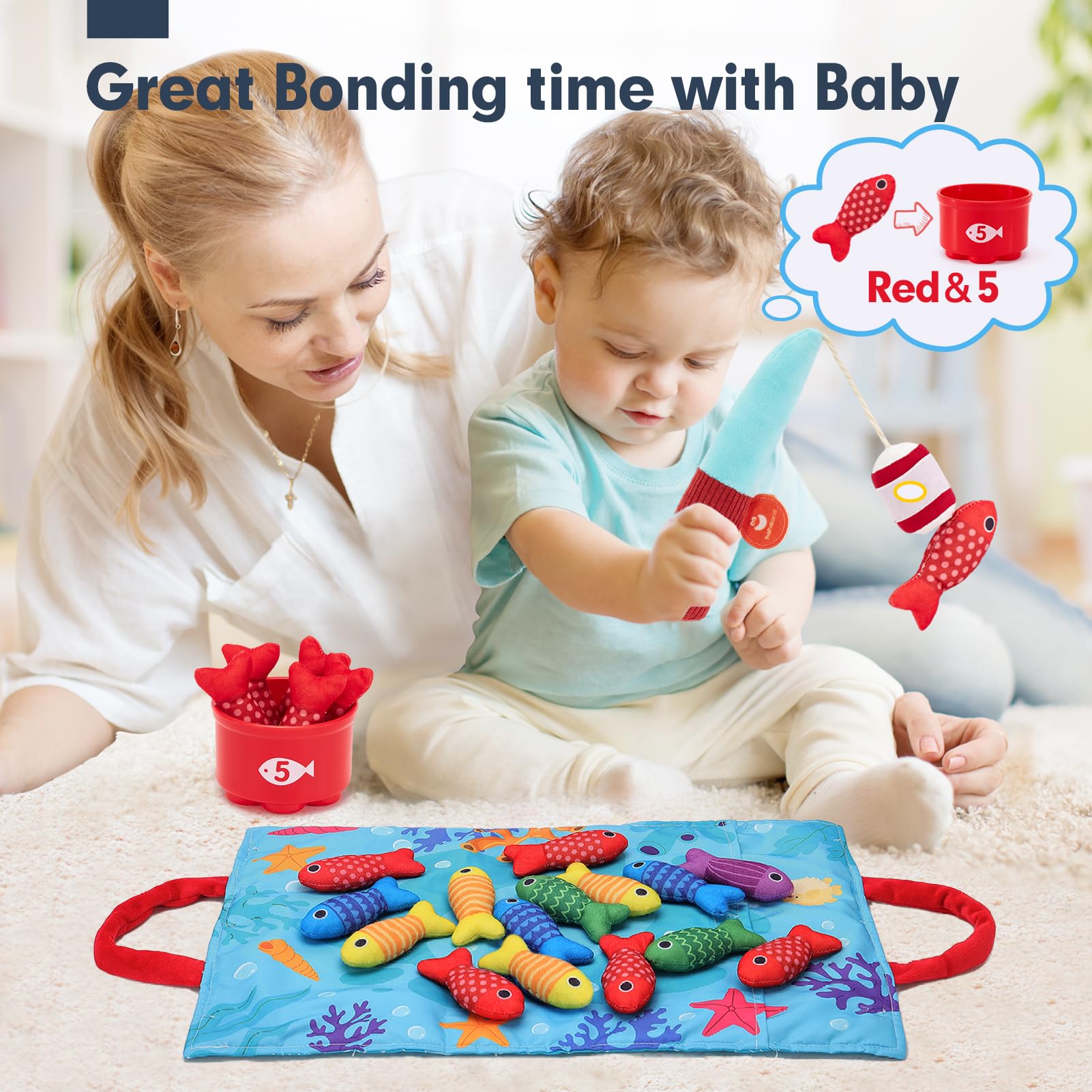 hahaland Montessori Toys for 1 Year Old - Toddler Toys for 1 2 Year Old Boys Girls Toy, Montessori Educational Baby Toy 6-12-18 Months, 10 in 1 Fishing Game with Baby Stacking Cups