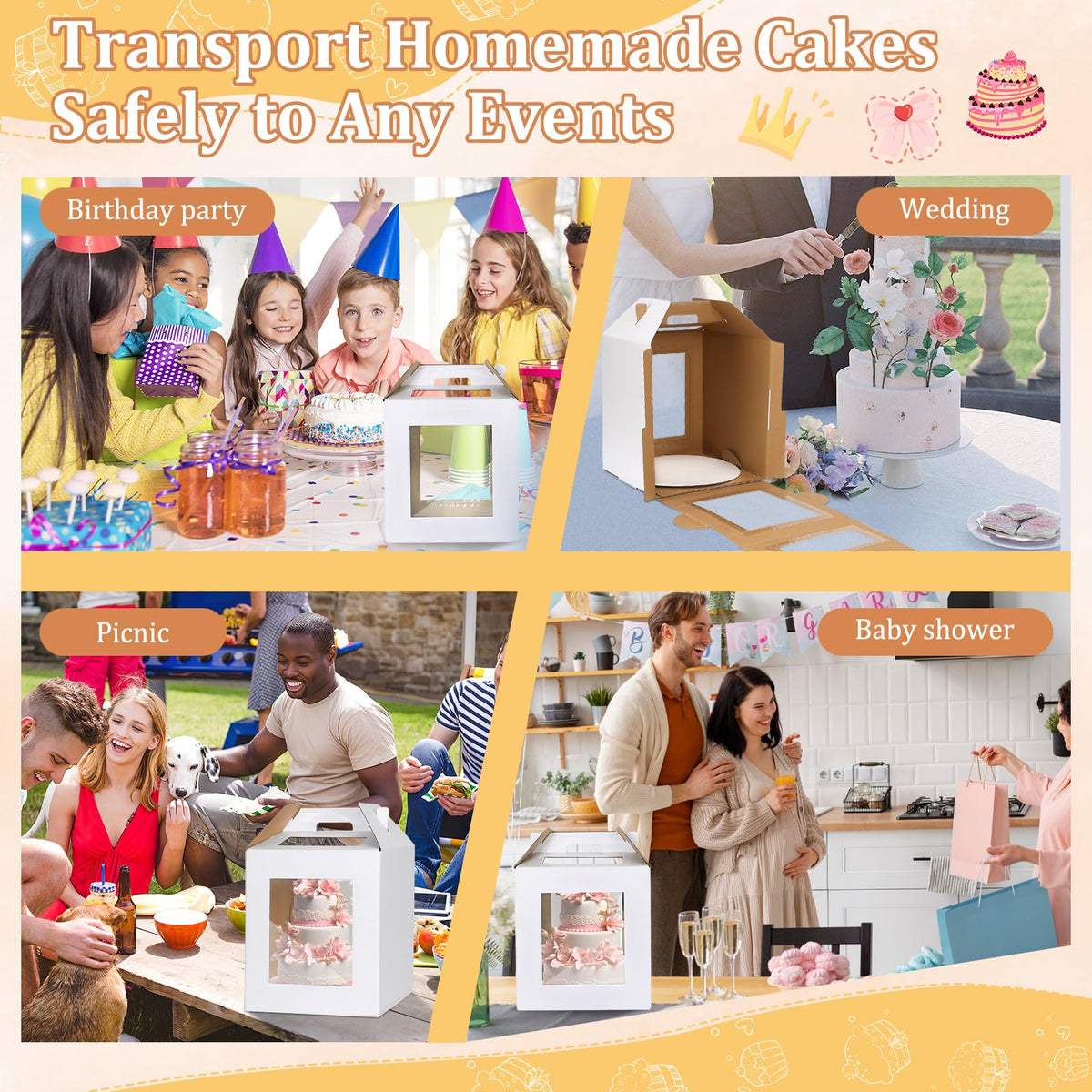3 Pack Tall Cake Box for Tier Cake with Cake Board, 12 x 12 x 14 Inch Large Tiered Cake Carriers with Clear Windows & Handle, Disposable Bakery Take Out Transport Container for Birthday Wedding Party 🍁 All In One Marketplace Canada