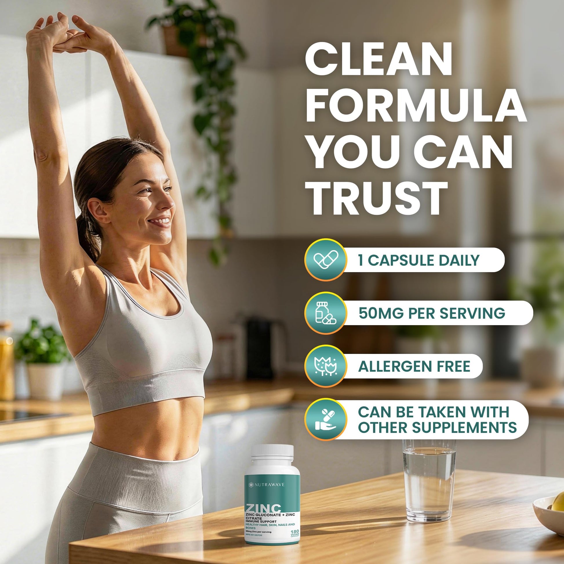 Nutrawave 2-IN-1 Zinc Supplements, High Absorption Formula 50 mg Zinc Gluconate + Zinc Citrate Chelated Stomach-Friendly Immune Booster, Healthy Skin, Hair, Nails & Bones, For Men & Women, Vegan, 6-Month Supply - Available at All In One Marketplace Canada