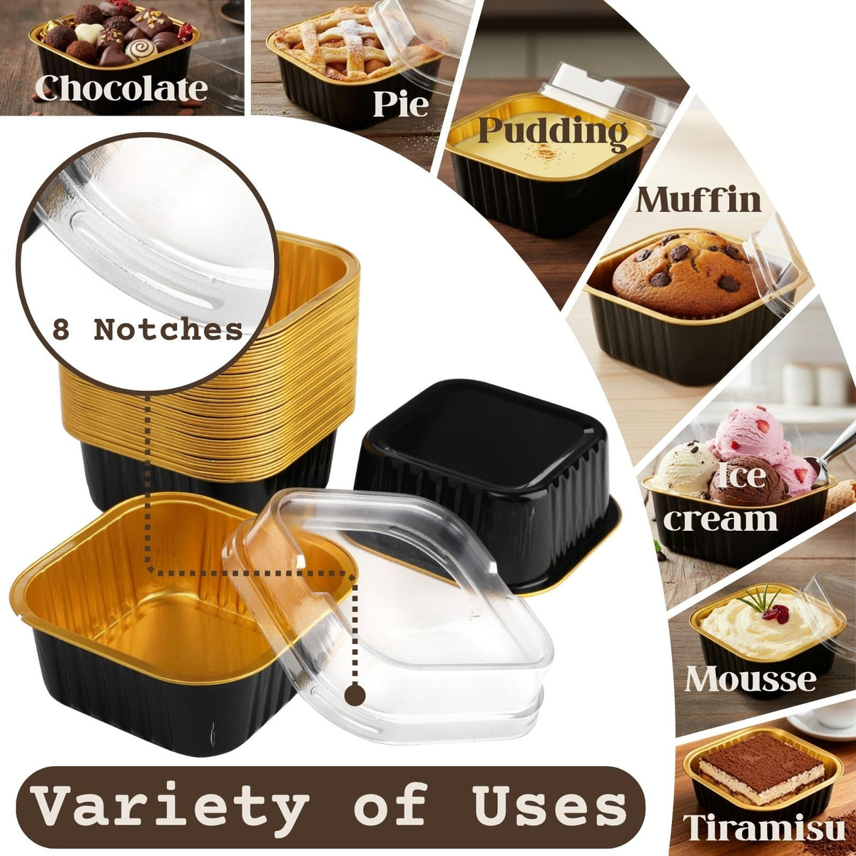 ZEAYEA 100 Pieces Aluminum Foil Baking Cups with Lids, 5.7 oz Disposable Ramekins Cupcake Containers, Square Cupcake Muffin Liners Cups for Party Mother's Day Wedding Christmas Birthday 🍁 All In One Marketplace Canada