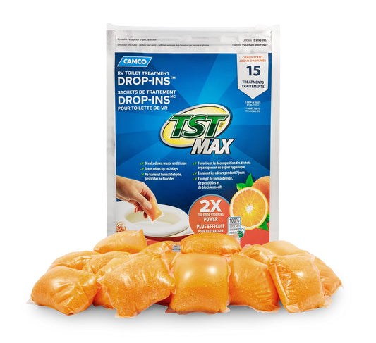 Camco TST MAX Camper/RV Toilet Treatment Drop-INs - Control Unwanted Odors and Break Down Waste and Tissue - Safe Septic Tank Treatment - Orange Scent, 15-Pack (41180)