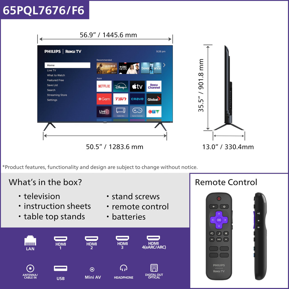 Philips 65PQL7676/F6 7600 Series 65-Inch 4K UHD QLED Roku TV