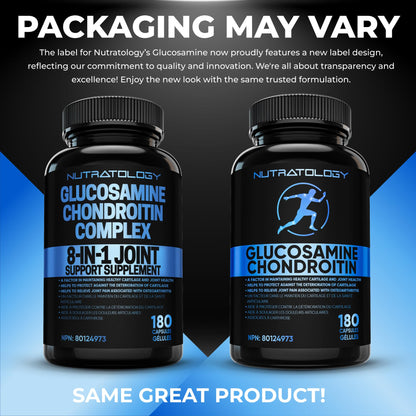 Nutratology® Glucosamine Joint Supplement with Chondroitin, MSM & Turmeric | Canadian-Made | Joint Pain Relief Supplements - 1500MG Glucosamine - Supports Healthy Joints & Cartilage - 180 Capsules - Available at All In One Marketplace Canada