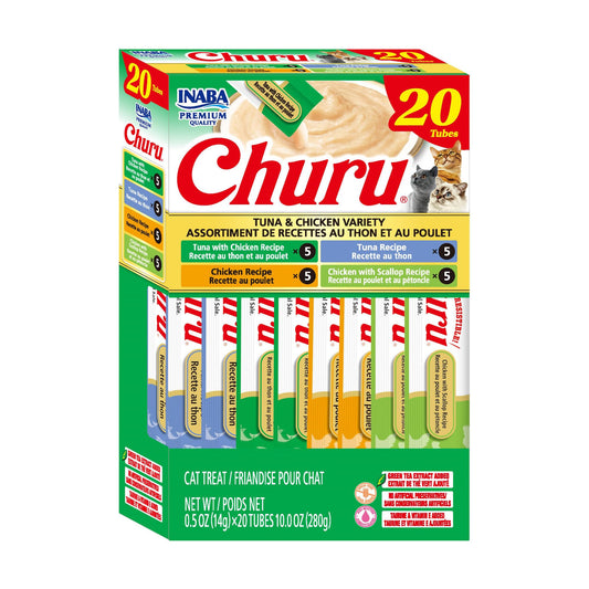 INABA Churu Cat Treats, Lickable, Squeezable Creamy Purée Cat Treat with Green Tea Extract & Taurine, 14g Each Tube, 20 Tubes, Tuna & Chicken Variety