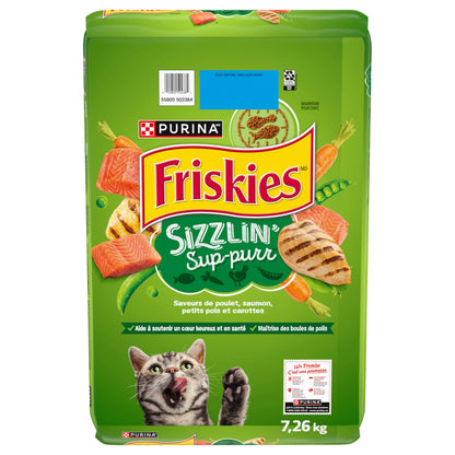 Friskies Sizzlin’ Sup-Purr Dry Cat Food, Flavours of Chicken, Salmon, Peas & Carrots - 7.26 kg Bag (1 Pack)