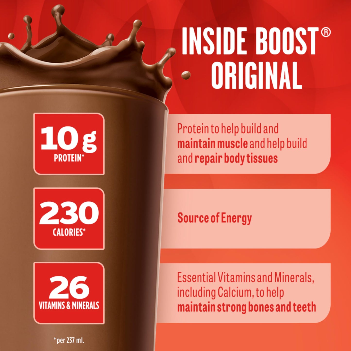 BOOST Original Chocolate Meal Replacement Drink, 237ml Bottles (6-Pack), Case of 4