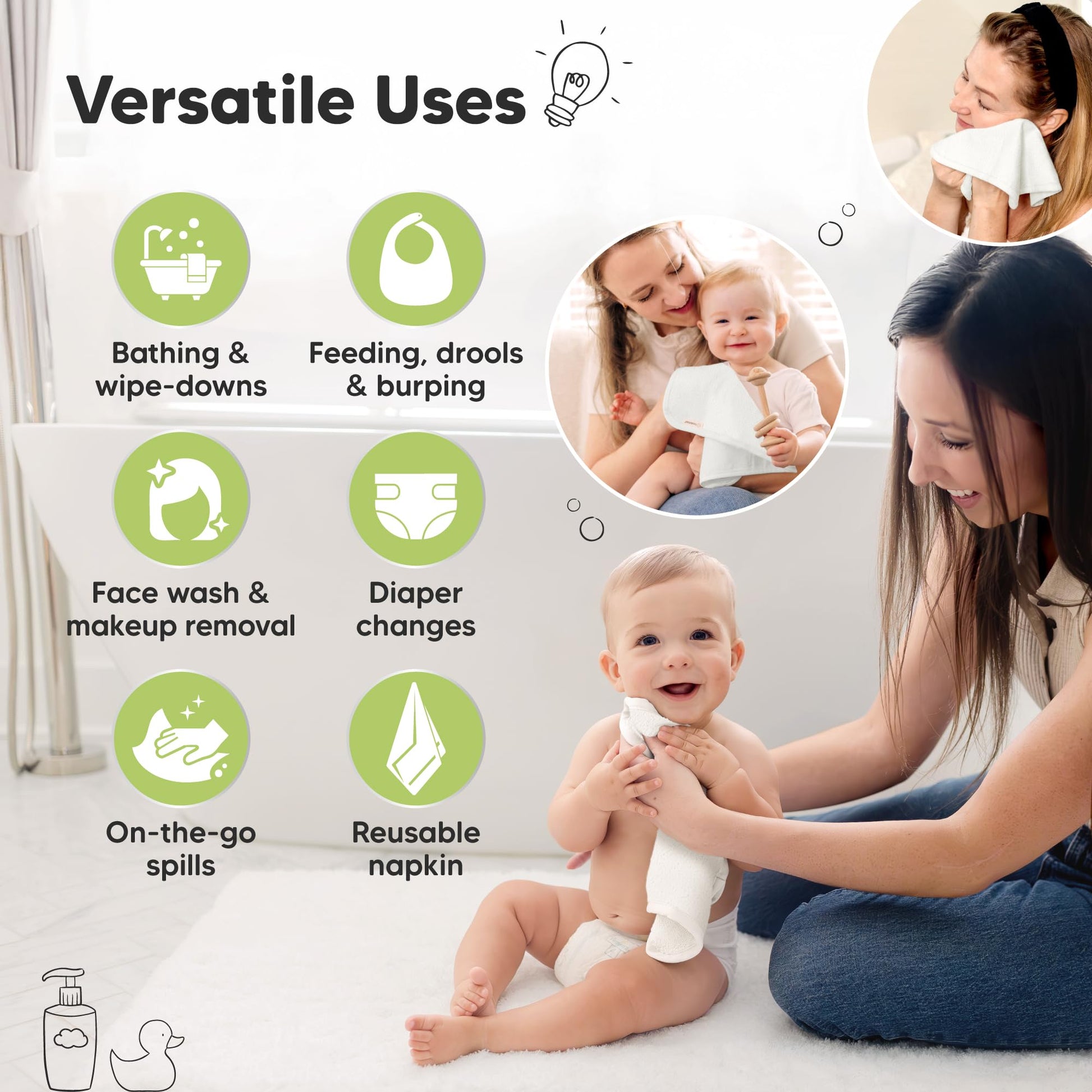 6-Pack Organic Baby Washcloths - Soft Viscose from Bamboo Washcloth, Baby Wash Cloths, Baby Wash Cloth for Newborn, Kids, Bath Baby Towels, Face Towel, Face Cloths (White)