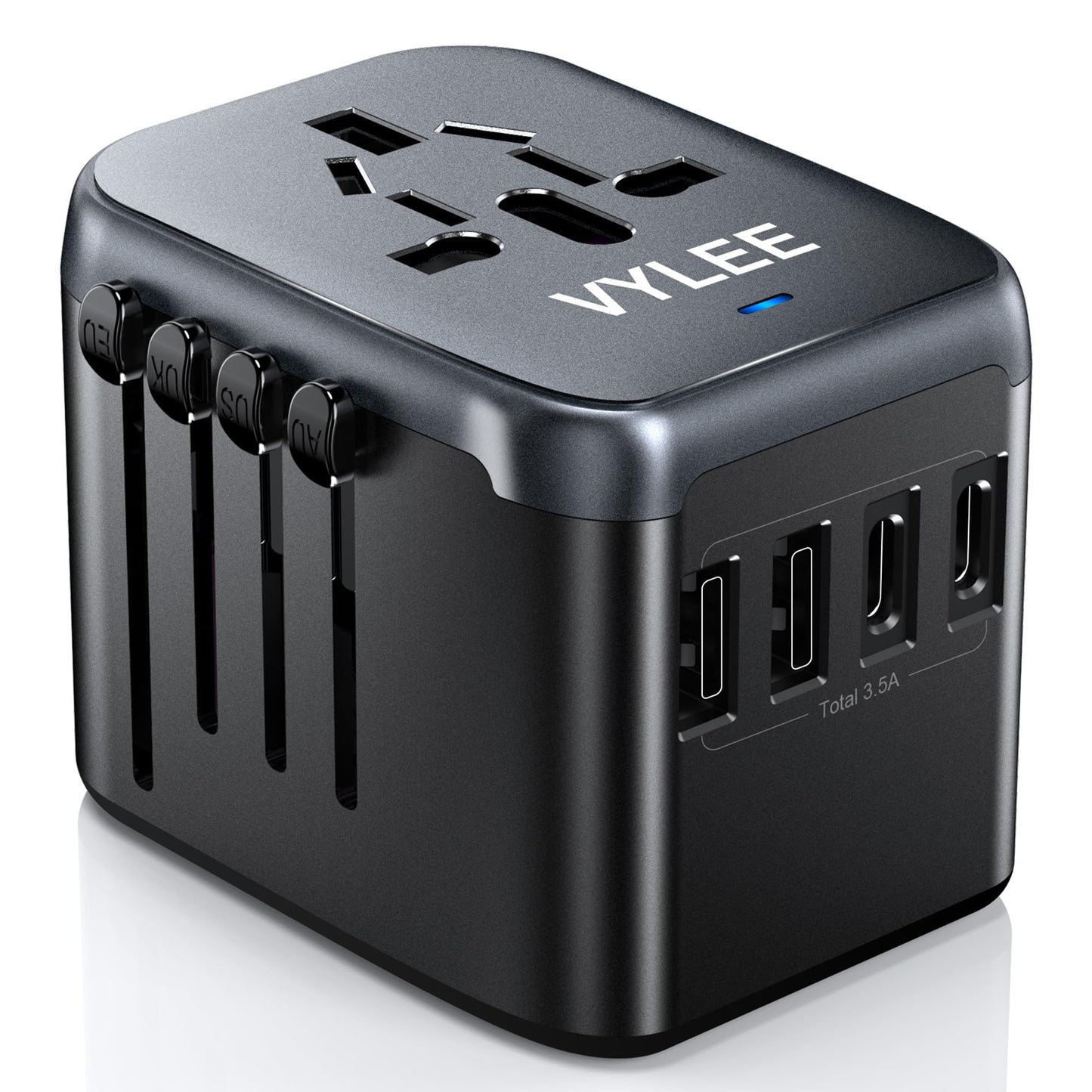 VYLEE Universal International Power Travel Plug Adapter, 5 in 1 European Travel Plug Adapter W/ 3.5A 2xUSB-A and 2xUSB C Wall Charger and Worldwide AC Outlet for Europe USA UK AUS Asia (Black Grey)