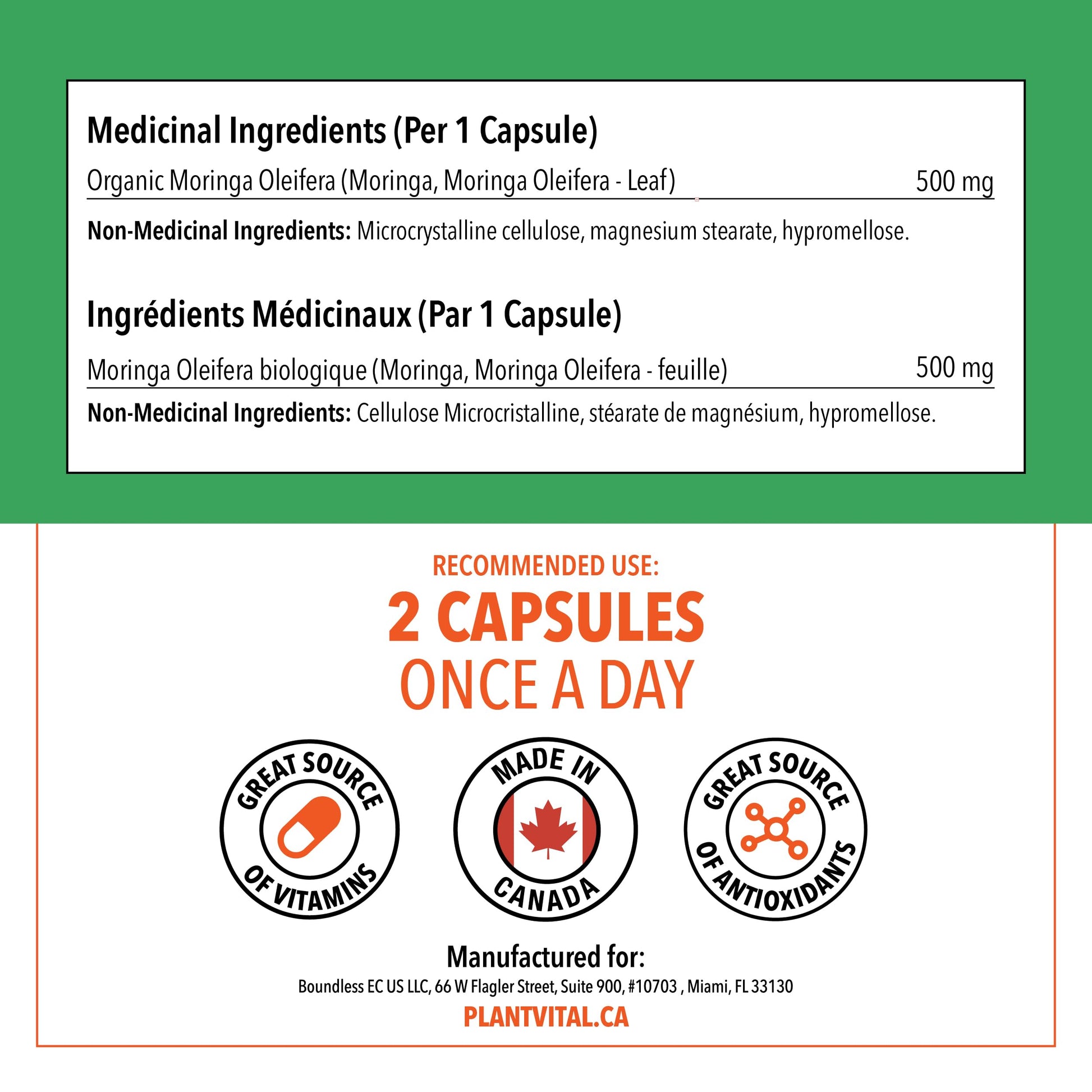 PlantVital Organic Moringa Leaf Capsules - Made in Canada - 1000mg High Potency (500mg per cap) Moringa Pure Capsules for Antioxidant, and Eye Health - Vegan, Non-GMO, Gluten Free (120 Count, 60 Days) - Available at All In One Marketplace Canada