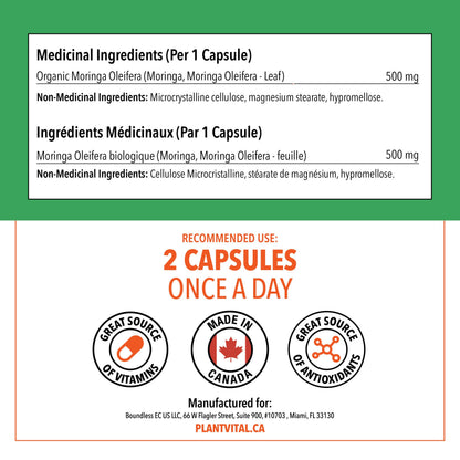 PlantVital Organic Moringa Leaf Capsules - Made in Canada - 1000mg High Potency (500mg per cap) Moringa Pure Capsules for Antioxidant, and Eye Health - Vegan, Non-GMO, Gluten Free (120 Count, 60 Days) - Available at All In One Marketplace Canada