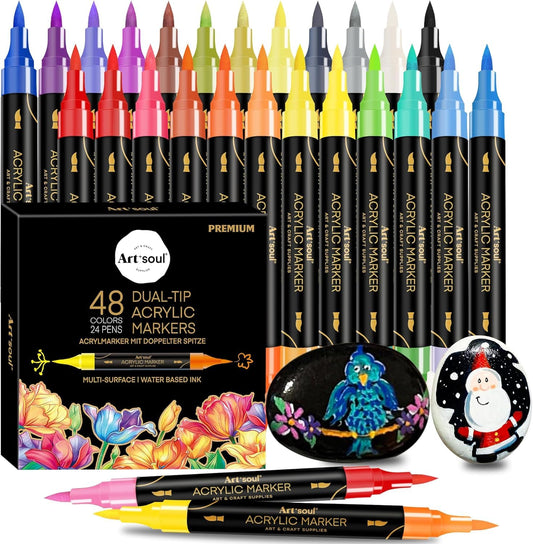 Art+soul 48 Colors Acrylic Paint Pens, 24 Pack Dual Tip Acrylic Paint Pens Markers for Rock Painting, Wood, Stone, Canvas, Ceramic, Glass Surfaces, DIY Crafting & Art Supplies - Available at All In One Marketplace Canada
