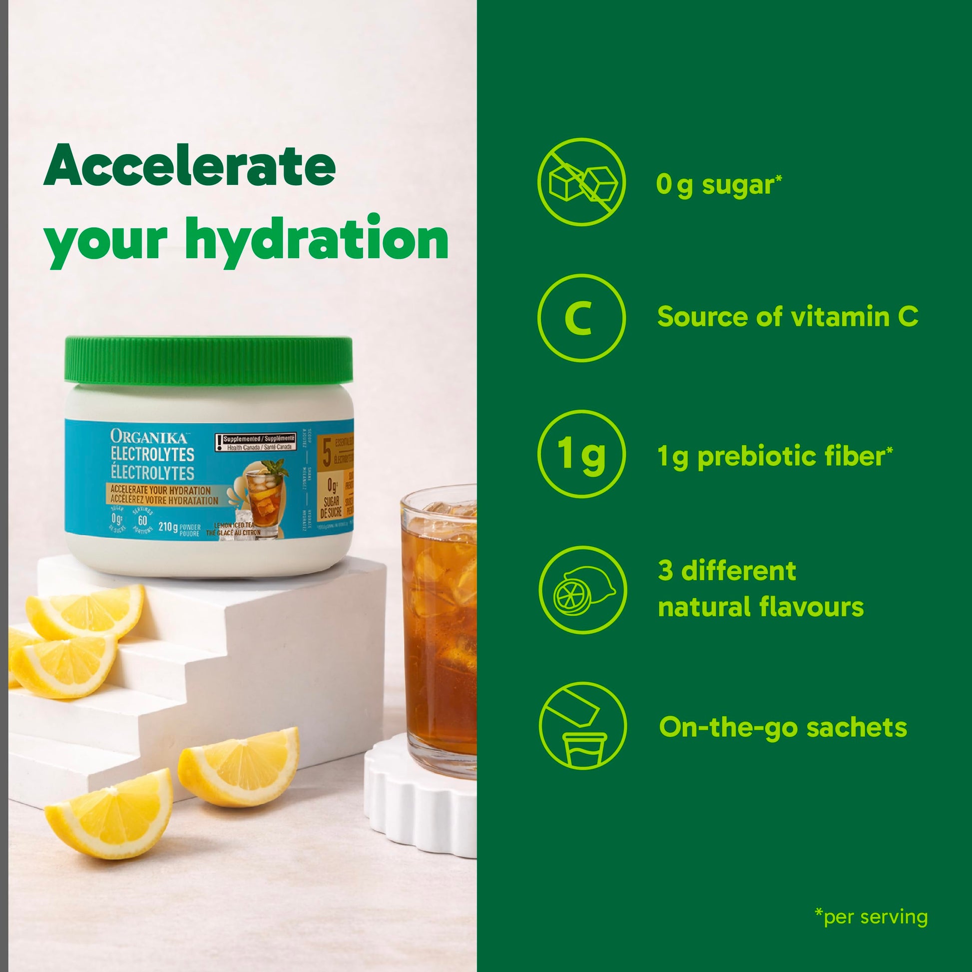 Organika Canadian-Made Electrolytes Powder with Vitamin C & Prebiotic Fibre - Sugar-Free Hydration Drink Mix - Lemon Iced Tea - 210 g - 60 servings