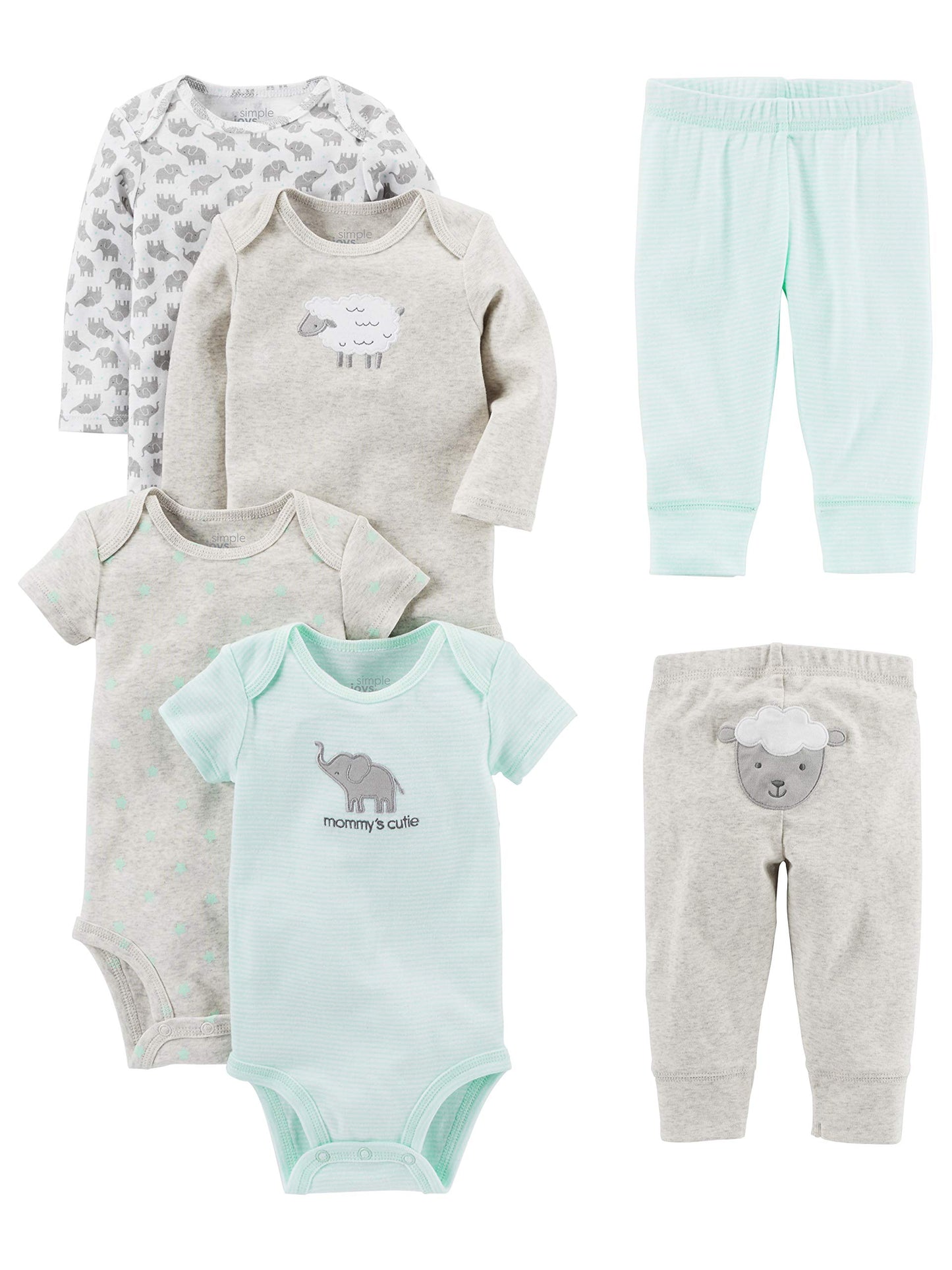 Simple Joys by Carter's Baby 6-Piece Neutral Bodysuits (Short and Long Sleeve) and Pants Set, Gray Lamb, 3-6 Months Simple Joys by Carter's