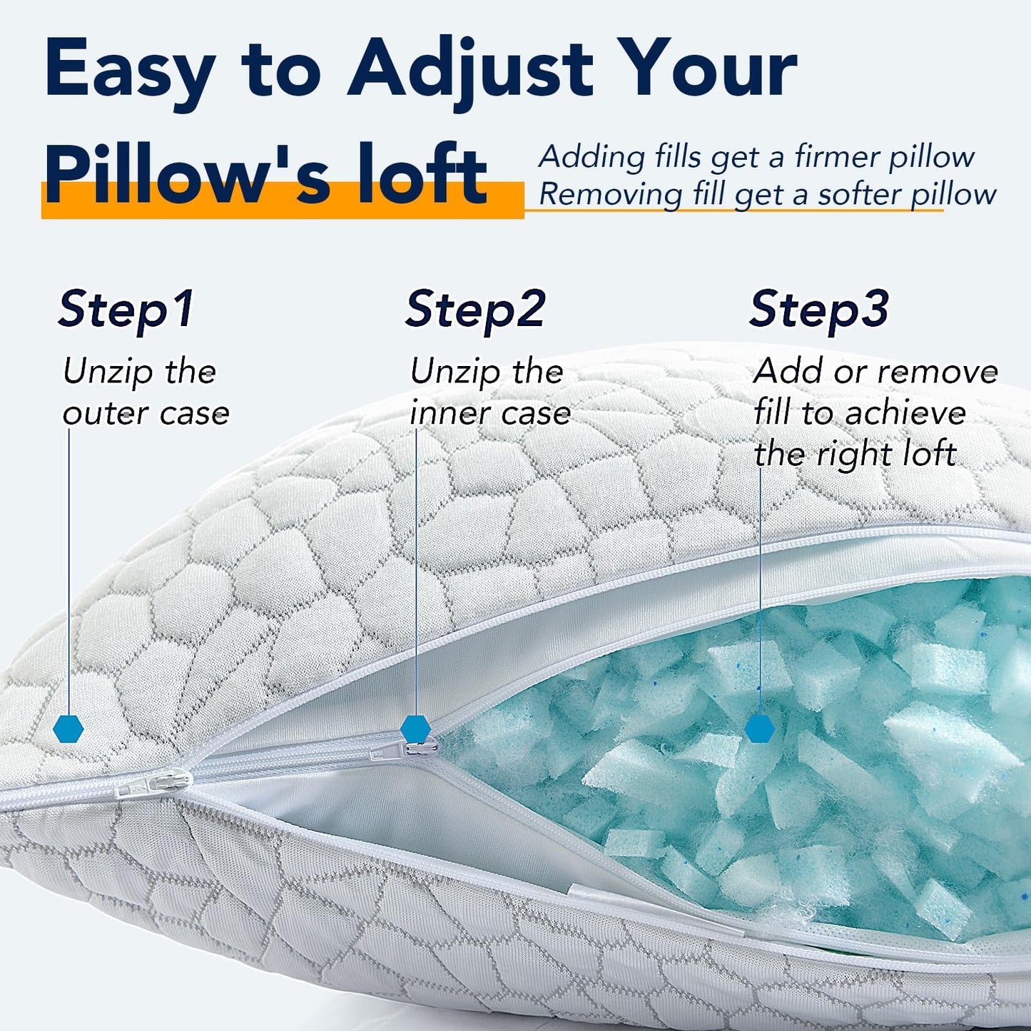 Cooling Memory Foam Pillows Queen Size Set of 2, Adjustable Shredded Foam Bed Pillows for Sleeping, Soft Support Pillows for Side & Back Sleepers with Breathable Dual-Sided Soft & Cooling Fabric - Available at All In One Marketplace Canada
