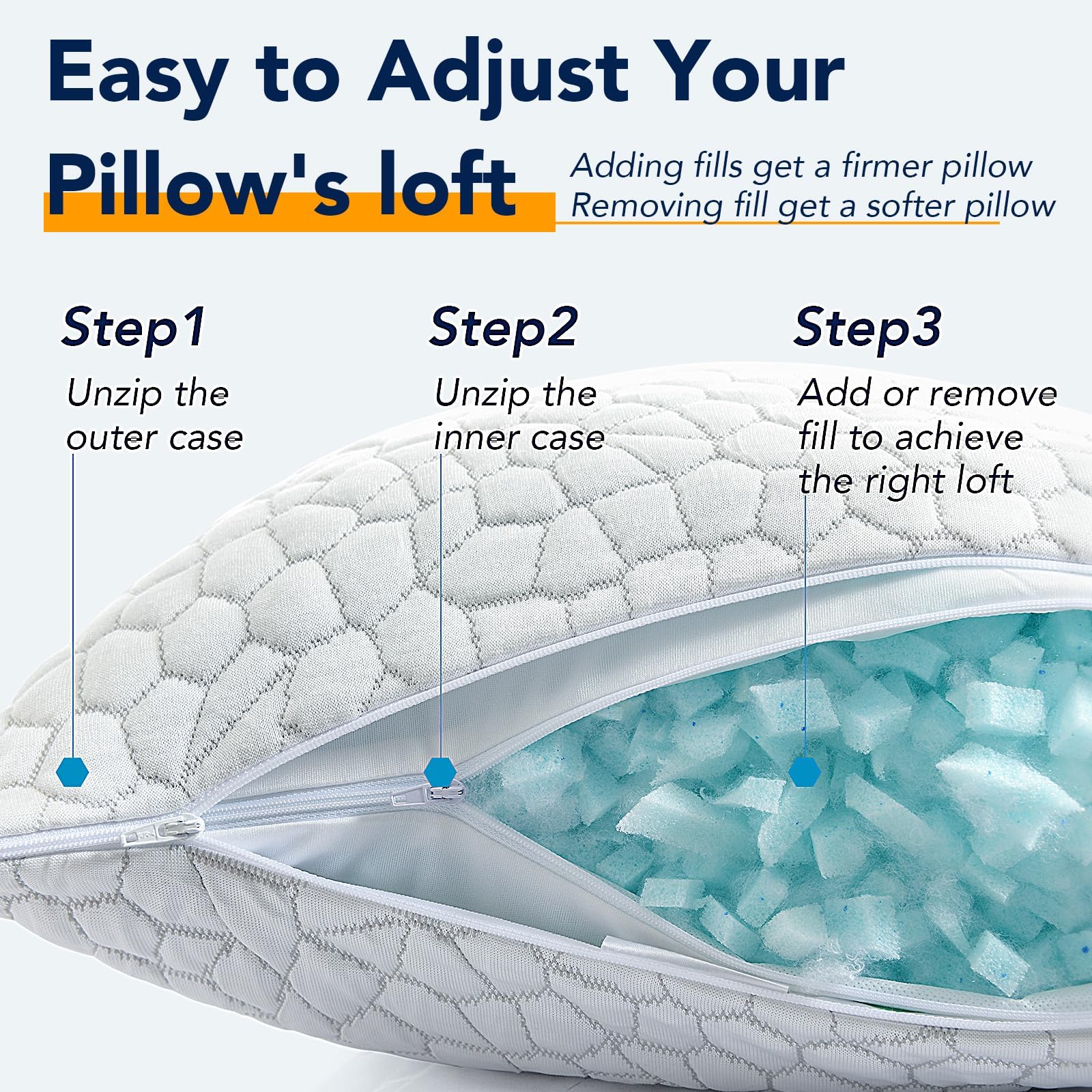 Cooling Memory Foam Pillows Queen Size Set of 2, Adjustable Shredded Foam Bed Pillows for Sleeping, Soft Support Pillows for Side & Back Sleepers with Breathable Dual-Sided Soft & Cooling Fabric - Available at All In One Marketplace Canada