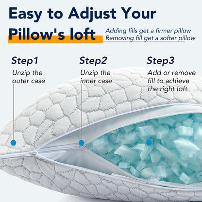 Cooling Memory Foam Pillows Queen Size Set of 2, Adjustable Shredded Foam Bed Pillows for Sleeping, Soft Support Pillows for Side & Back Sleepers with Breathable Dual-Sided Soft & Cooling Fabric - Available at All In One Marketplace Canada
