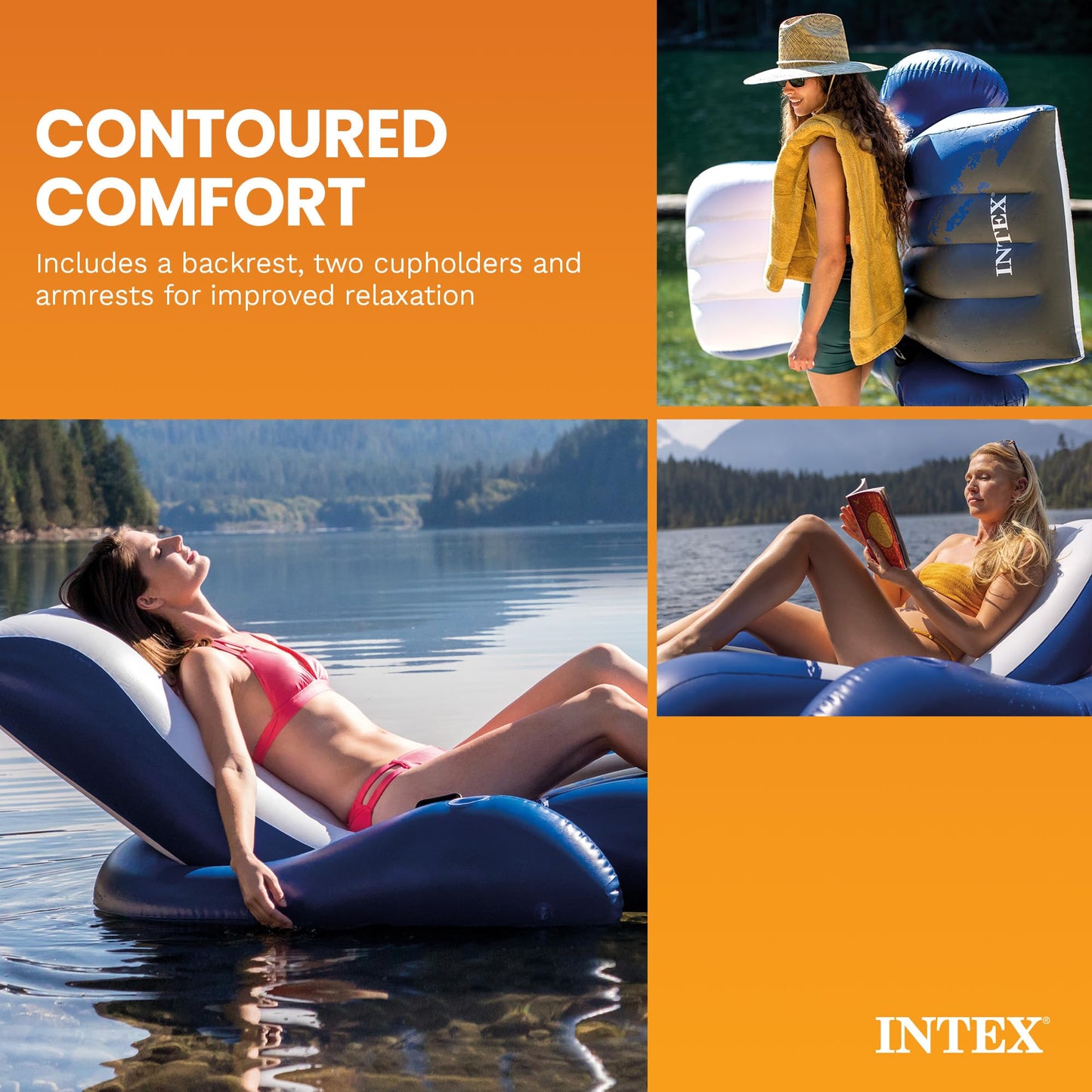 Intex Floating Recliner Inflatable Lounge, 71" X 53", Blue, 58868EP Intex