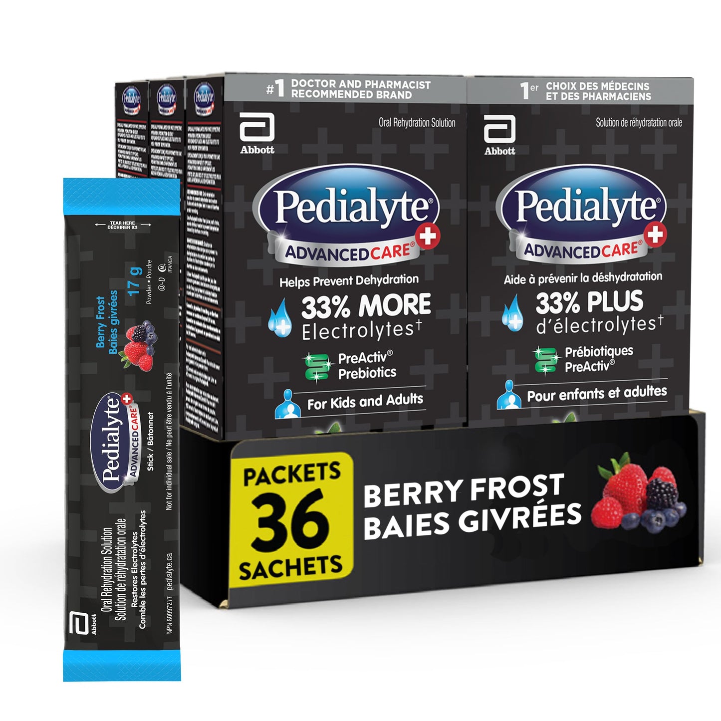 Pedialyte AdvancedCare Plus Electrolyte Powder Sticks Value Pack, Electrolytes For Dehydration, Electrolyte Powder Packets, Berry Frost, 36x17g Pedialyte