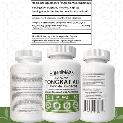 6X Strength Tongkat Ali 600 MG PER SINGLE CAPSULE 60,000 MG Equivalent 100:1 Extract Ratio Highest Potency, OrganiMAXX Longjack Eurycoma Longifolia Non-GMO Premium Tongkat Ali Supplement For Men. - Available at All In One Marketplace Canada