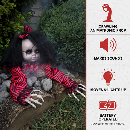 Poupée bébé rampante effrayante de Haunted Hill Farm, animatronique d'Halloween avec lumières et sons activés au toucher, décorations d'Halloween à piles pour l'intérieur ou l'extérieur couvert, accessoire effrayant pour Halloween