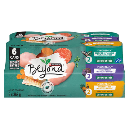 Beyond Grain Free Natural Wet Dog Food, Ground Entree Variety Pack 3 Flavours - 368 g Can (6 Pack) - Available at All In One Marketplace Canada