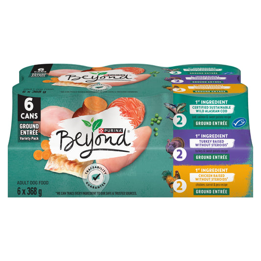 Beyond Grain Free Natural Wet Dog Food, Ground Entree Variety Pack 3 Flavours - 368 g Can (6 Pack) - Available at All In One Marketplace Canada
