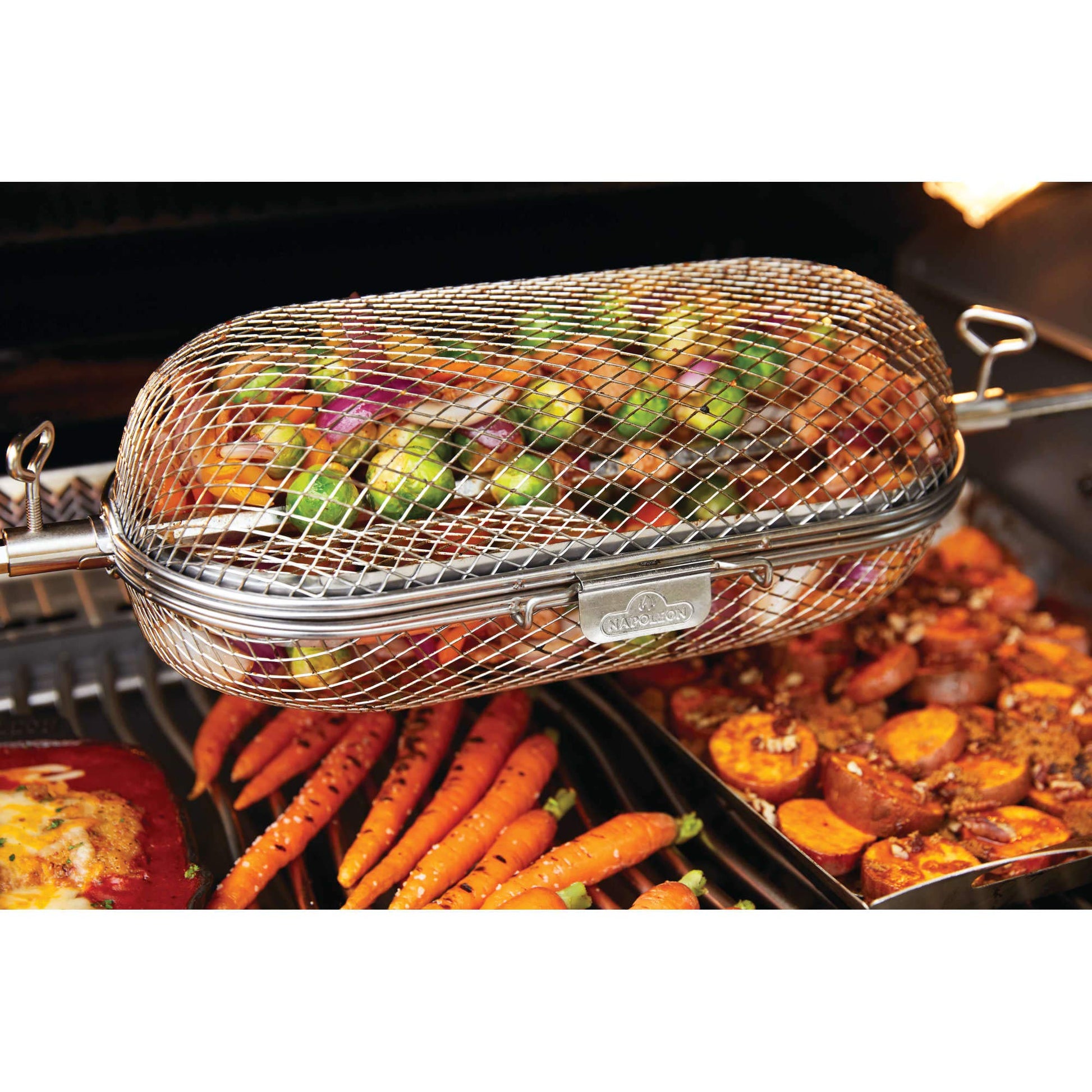Napoleon Rotisserie Grill Basket Accessory in Stainless Steel - 64000 - Fits All Standard Spit Rods, Best for Even Cooking of Wings, Fries and Roasted Veggies Napoleon