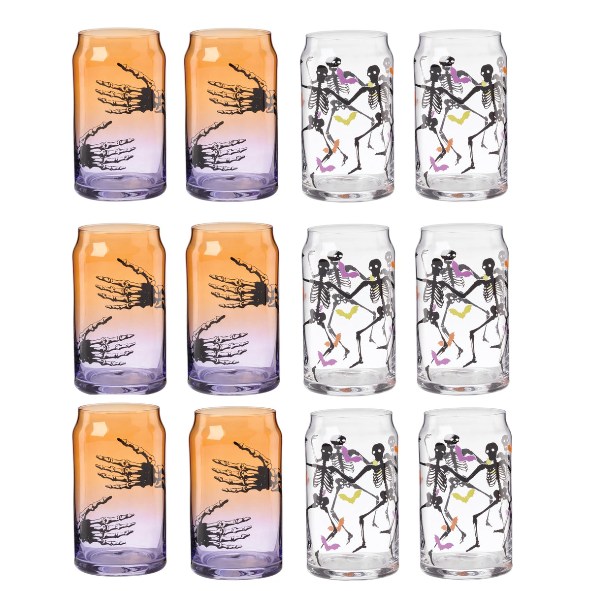 Verres à boire Cambridge, verres isothermes « Halloween Harvest », ensemble de 12, lavables au lave-vaisselle, tasses en verre, tasses à café glacé effrayantes, décoration d'Halloween squelettes effrayants (assortis, 12 pièces, 473 ml)