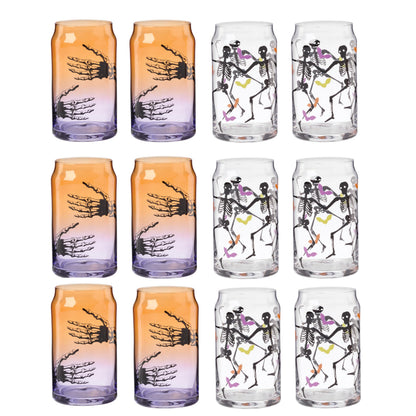 Verres à boire Cambridge, verres isothermes « Halloween Harvest », ensemble de 12, lavables au lave-vaisselle, tasses en verre, tasses à café glacé effrayantes, décoration d'Halloween squelettes effrayants (assortis, 12 pièces, 473 ml)